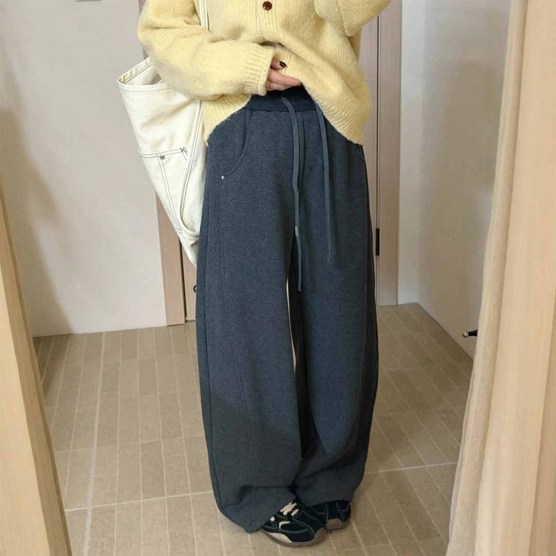 大码冬季垂感加绒阔腿裤女梨形身材宽松显瘦松紧腰束脚休闲运动裤