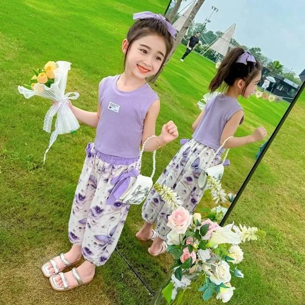 女童夏季洋气套装无袖2025新款韩版夏装背心女孩防蚊裤两件套