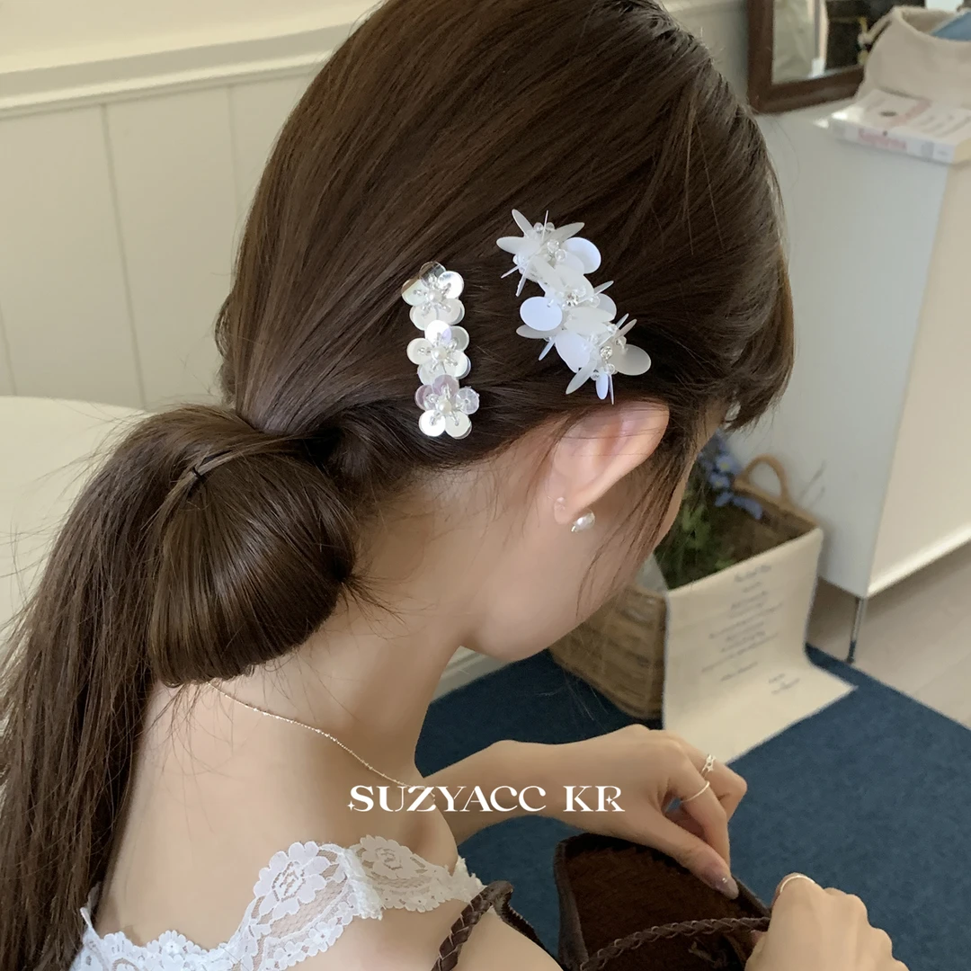 Suzyacc Kr度假风亮片花朵发夹新款法式复古小众高级侧边夹F4283