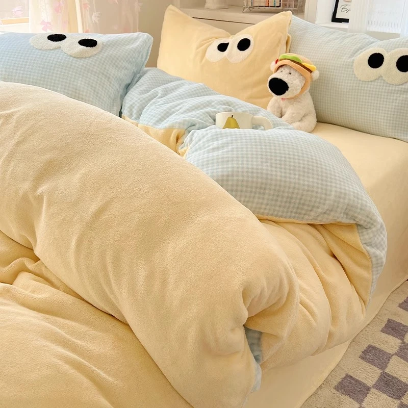 奶油风牛奶绒四件套床单被套三件套学生宿舍加厚被罩秋冬款褥子套