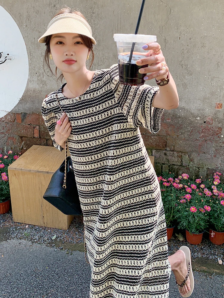 2025夏上新/法式条纹连衣裙女韩版休闲显瘦宽松直筒高级感长裙子