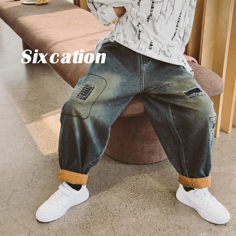 儿童春秋破洞补丁缩口牛仔裤男童百搭休闲裤中大童长裤潮S6939