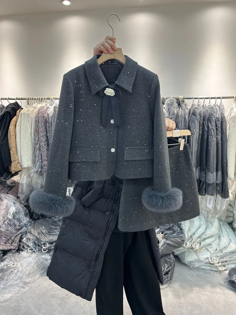 小众富家千金小香风套装白鸭绒外套半身裙两件套女百搭时尚短款潮