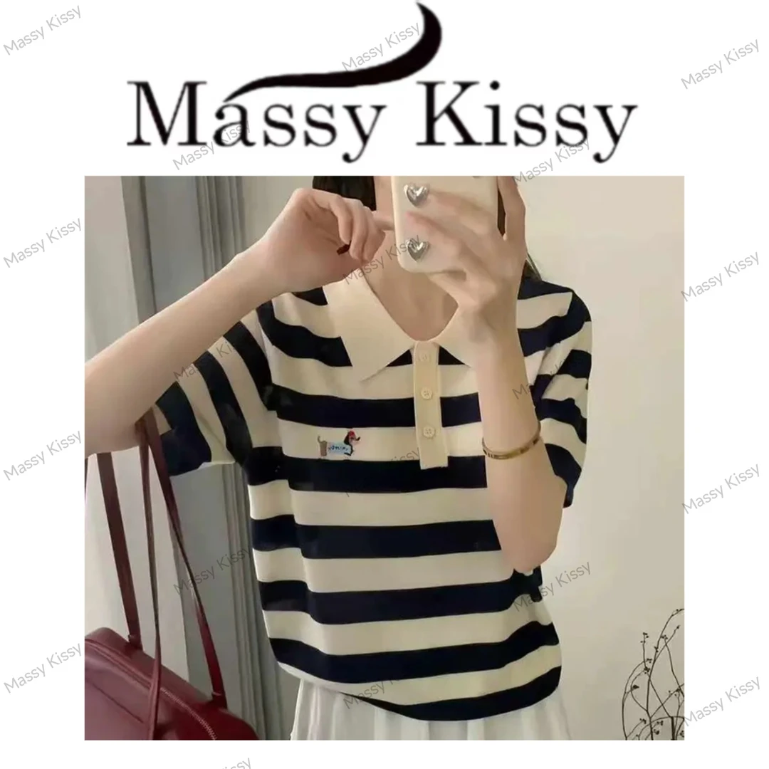 【香港中奢Coco专属】夏款polo领条纹刺绣上衣桑蚕丝短袖针织衫