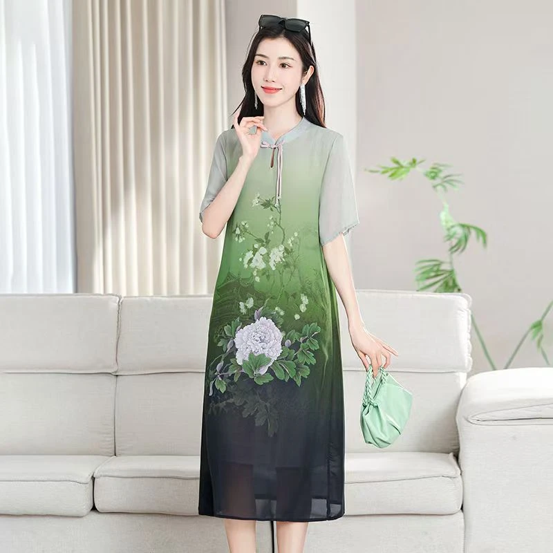10262-妈妈夏装改良旗袍连衣裙女洋气中老年夏季气质裙子【A3-3-2】