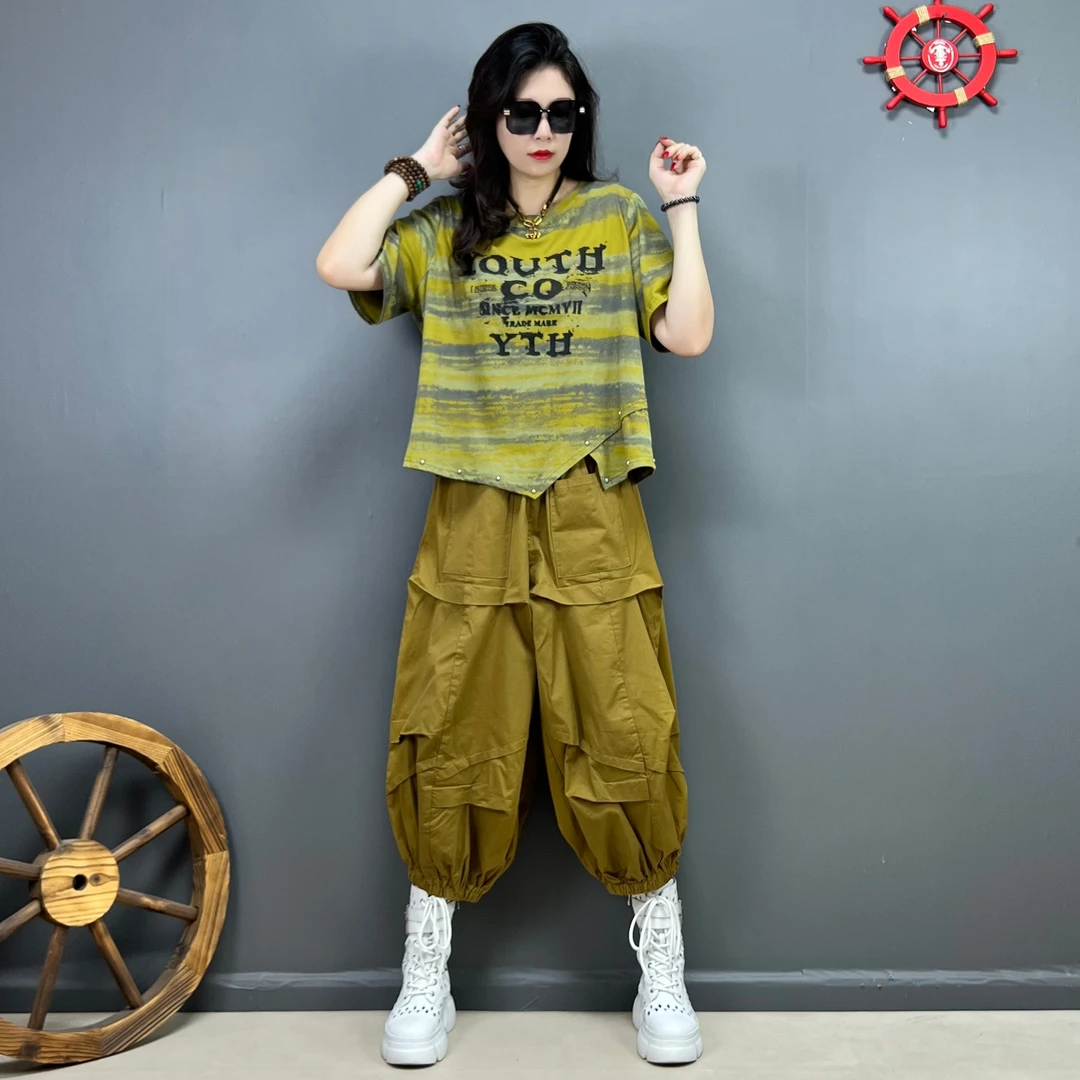 个性时尚减龄显瘦不规则条纹上衣短袖、个性时尚阔腿灯笼裤八分裤