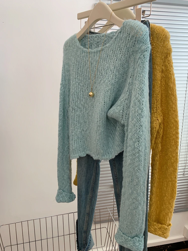 蓝色复古长袖外穿套头毛衣女宽松慵懒风高级感针织衫上衣2025新款