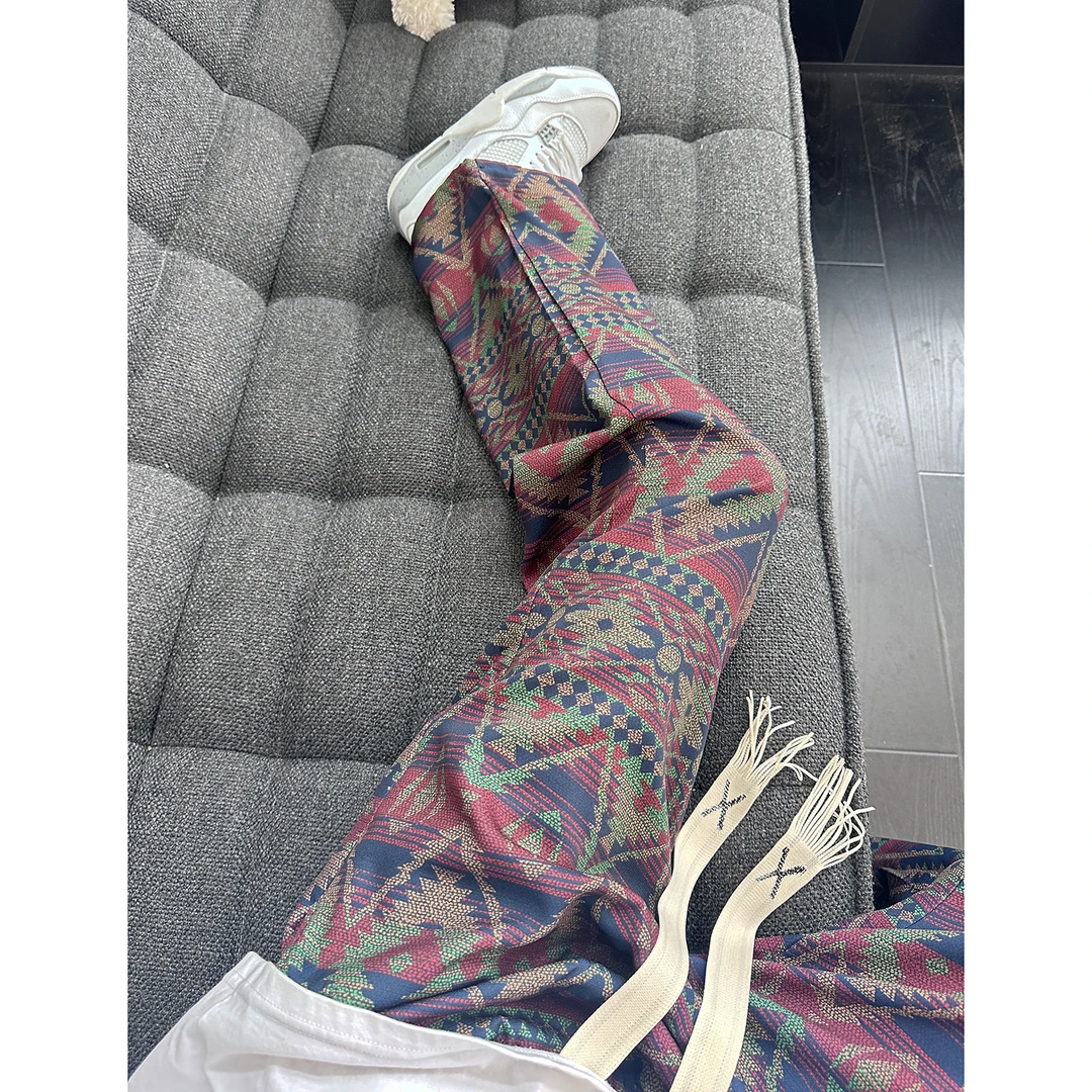 民族风设计感冰丝裤子男夏季薄款美式复古着vintage休闲直筒卫裤