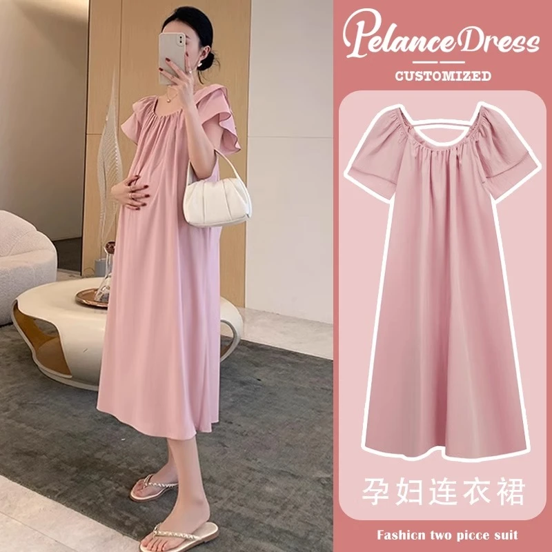 有口袋孕妇装夏装时尚小飞袖宽松大码纯色连衣裙洋气显瘦潮妈女