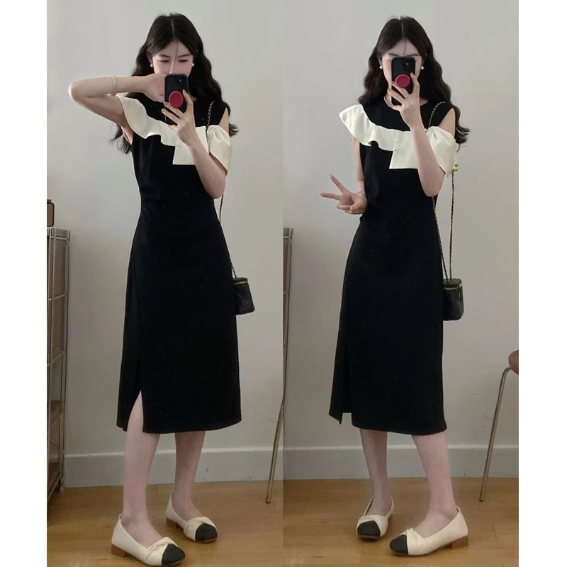 大码胖mm法式赫本风荷叶边露肩连衣裙新款女夏季气质收腰显瘦长裙