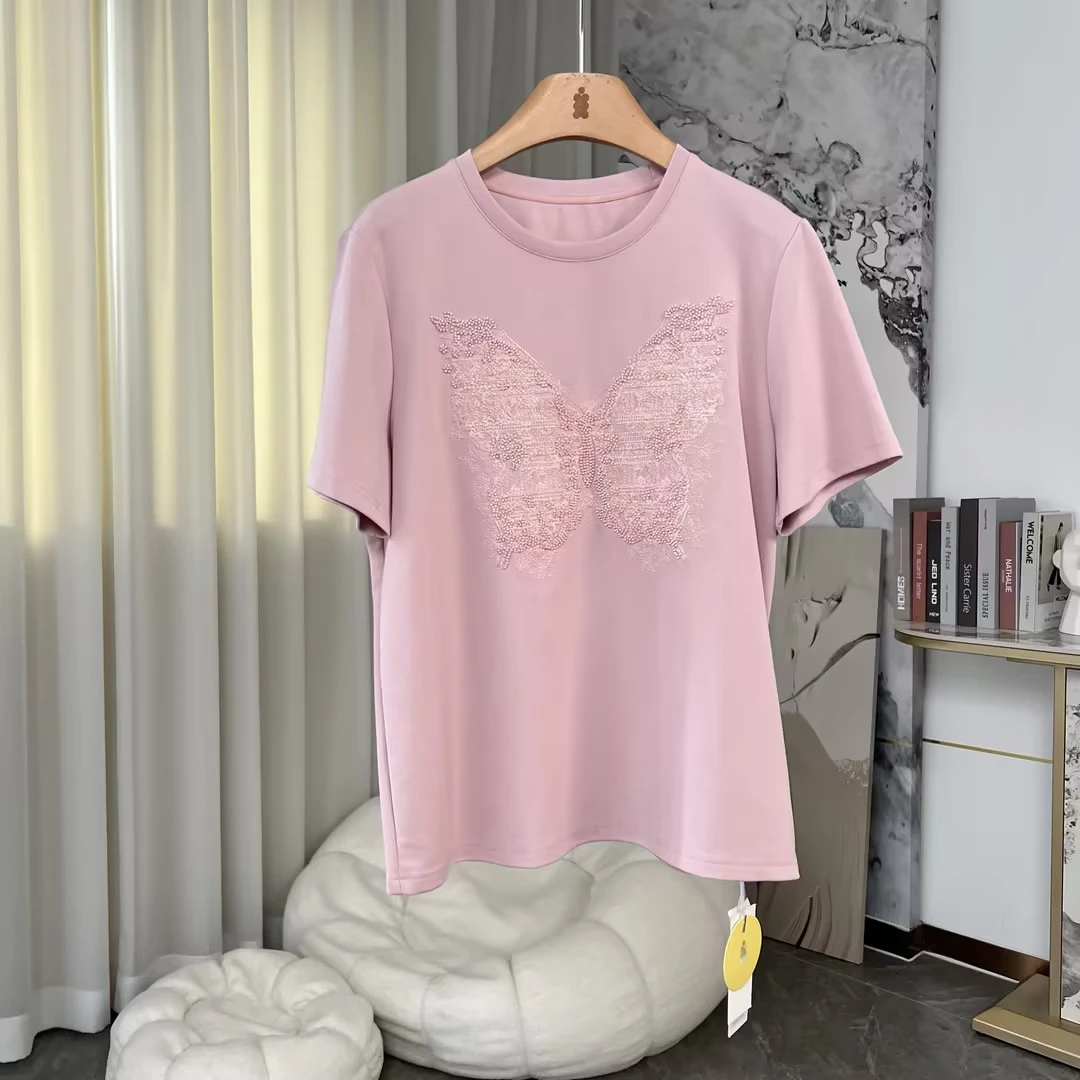 安迪专享 重工刺绣蝴蝶钉珠百搭减龄短袖T恤 YYZM002X