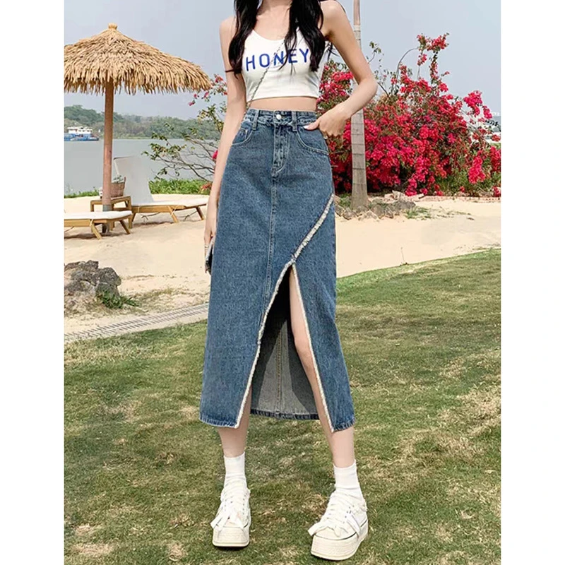 夏季显瘦高腰百搭韩版牛仔开叉复古不规则春夏大码小个子宽松设计