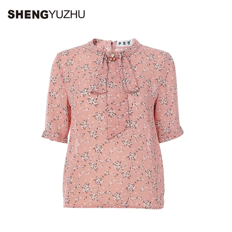 Shengyuzhu/声雨竹女士衬衫气质休闲衬衣碎花短袖上衣时尚印花