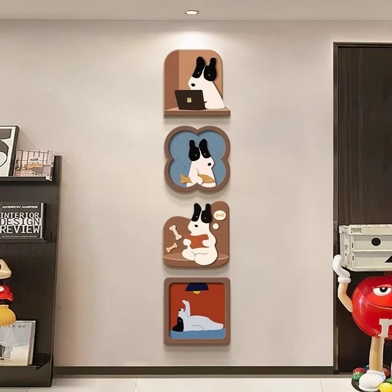 多巴胺玄关装饰画趣味卡通小狗客厅电视背景墙挂画入户正四联壁画