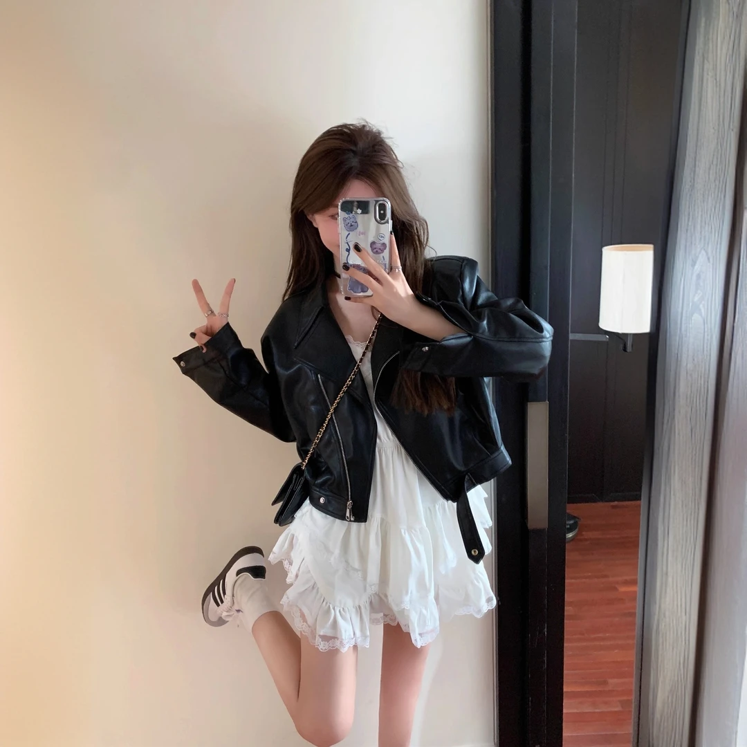 【运费险+现货】美式辣妹机车风皮衣夹克秋款女黑色翻领上衣短外套