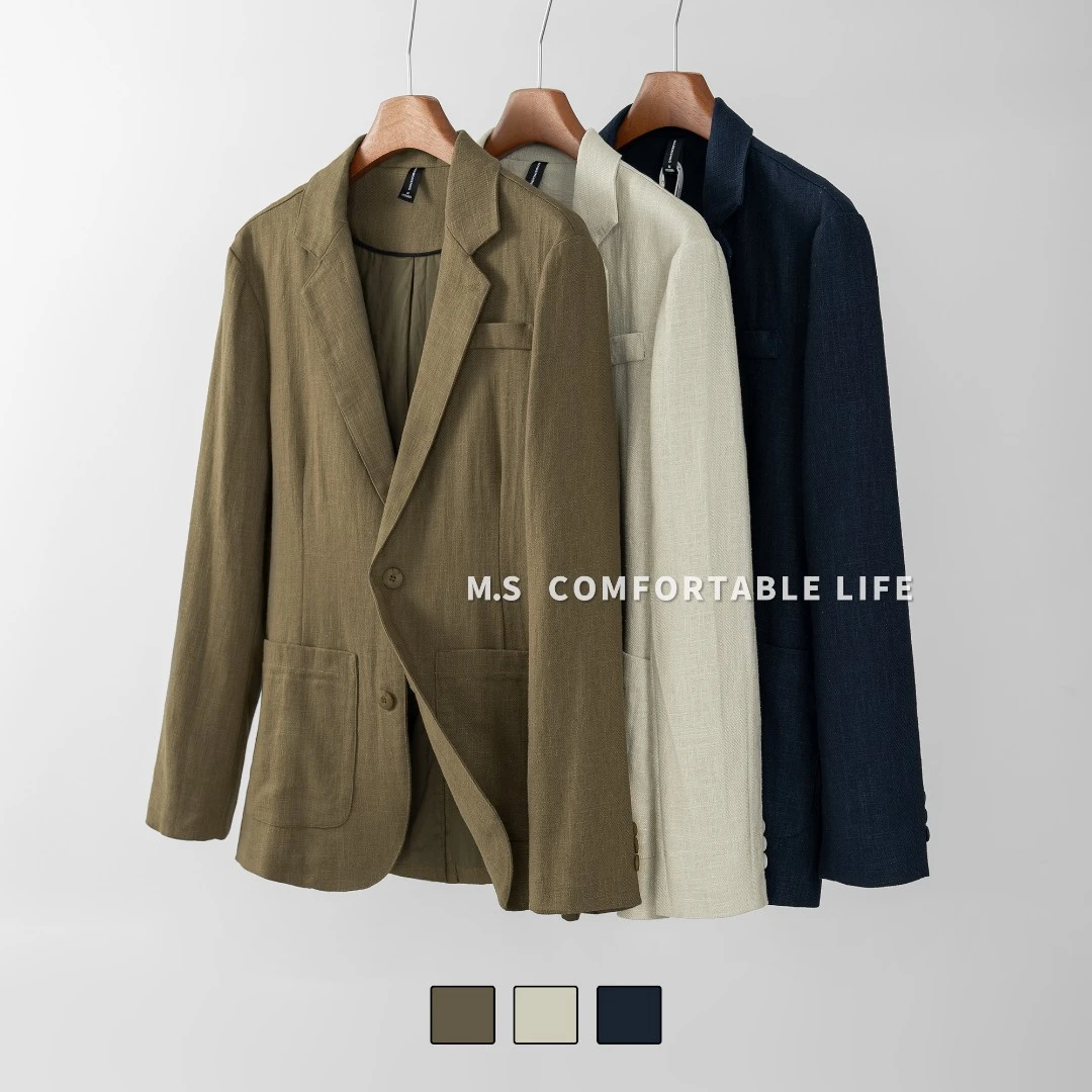 麻尚生活苎麻西装外套男秋季新款老钱风宽松百搭棉麻休闲西服上衣