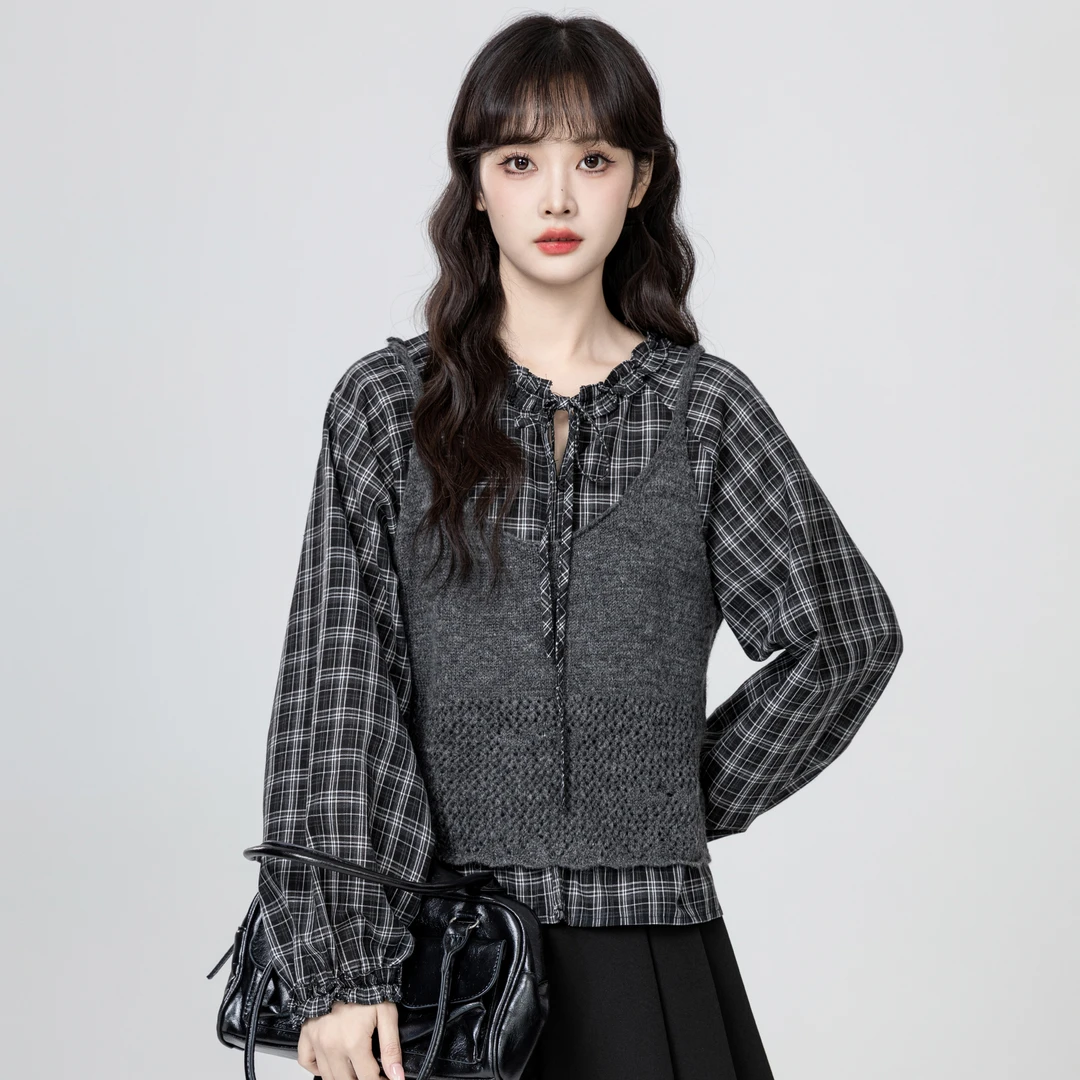 黑色格子长袖衬衫女春秋2025秋季新款针织背心马甲衬衣两件套上衣