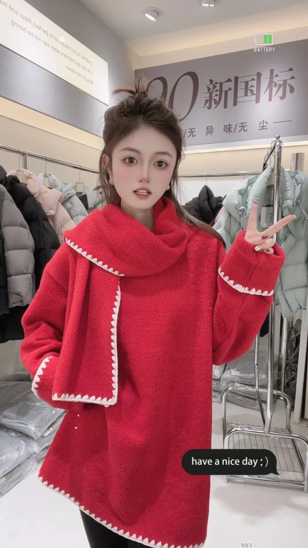 氛围感中国红加厚加绒女长袖外穿冬季内搭上衣