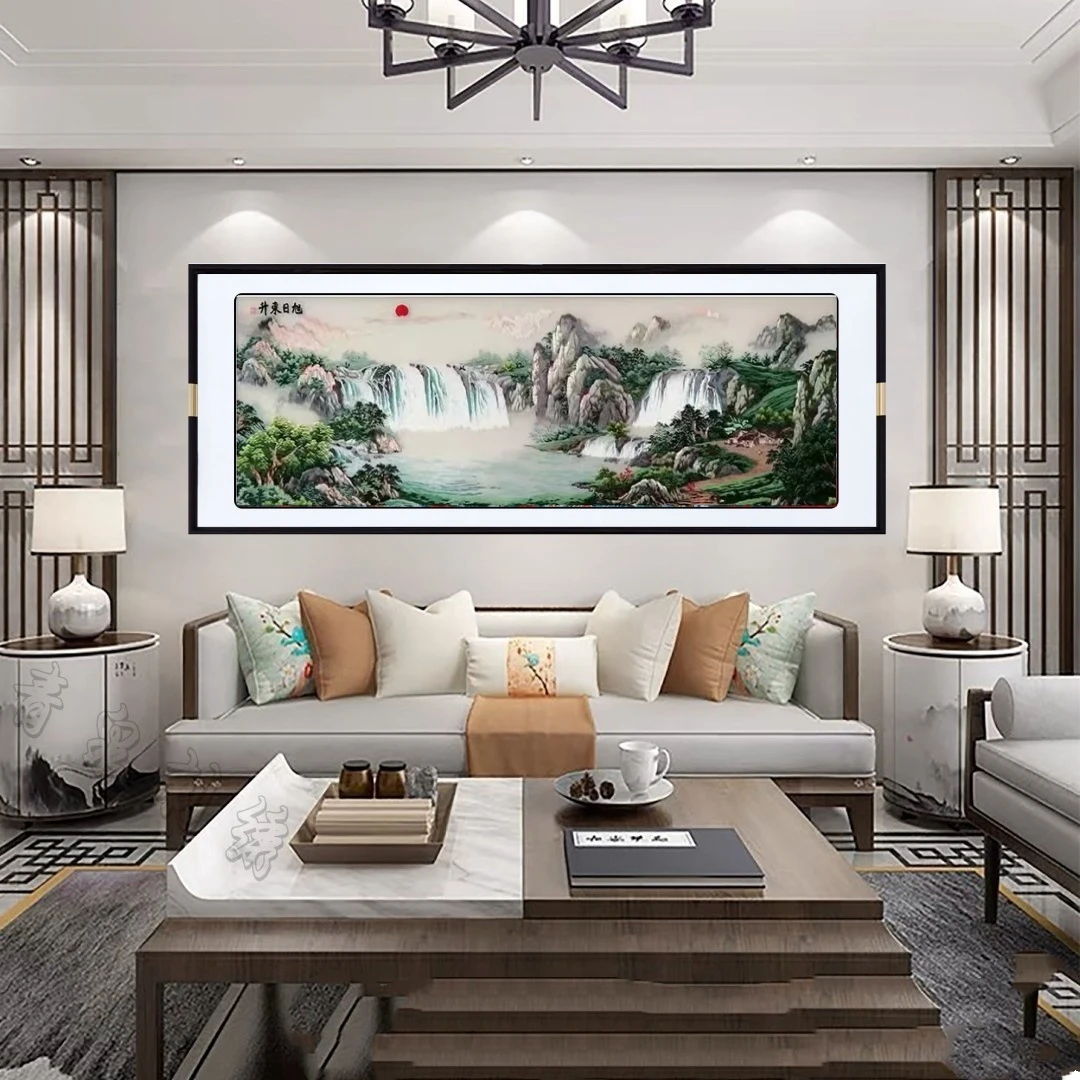 刺绣新中式装饰画客厅现代环保玄关餐厅实木专业线条结构挂画苏绣