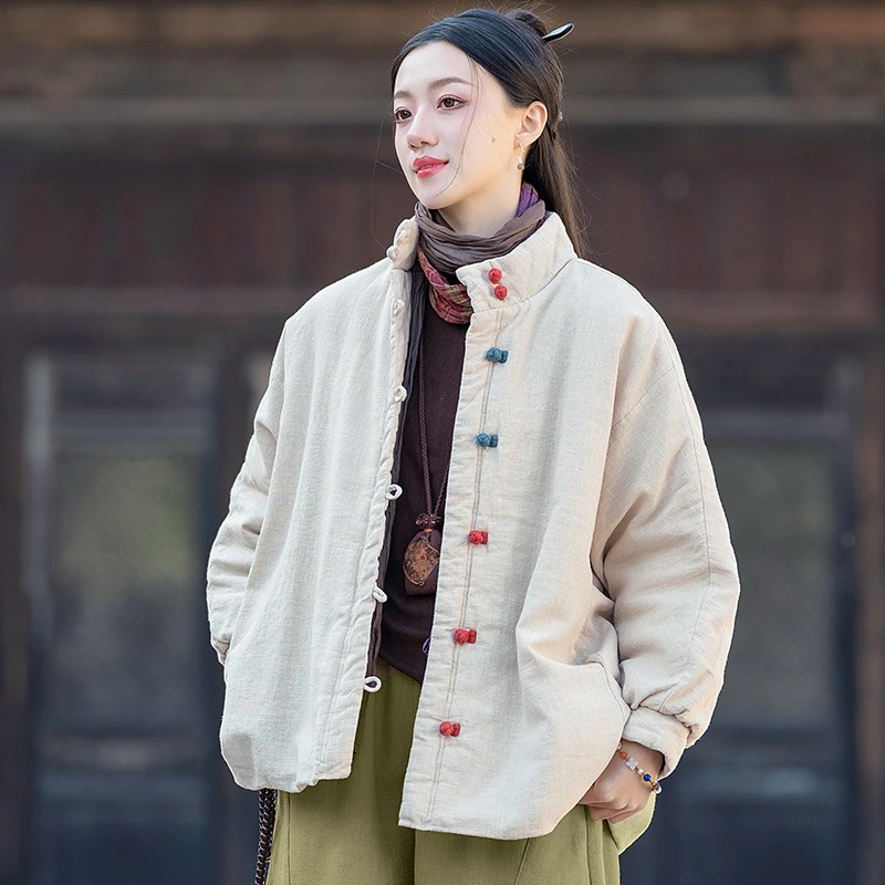 冬季棉麻国风新中式棉袄女禅意百搭文艺苎麻加厚棉服盘扣短款棉衣