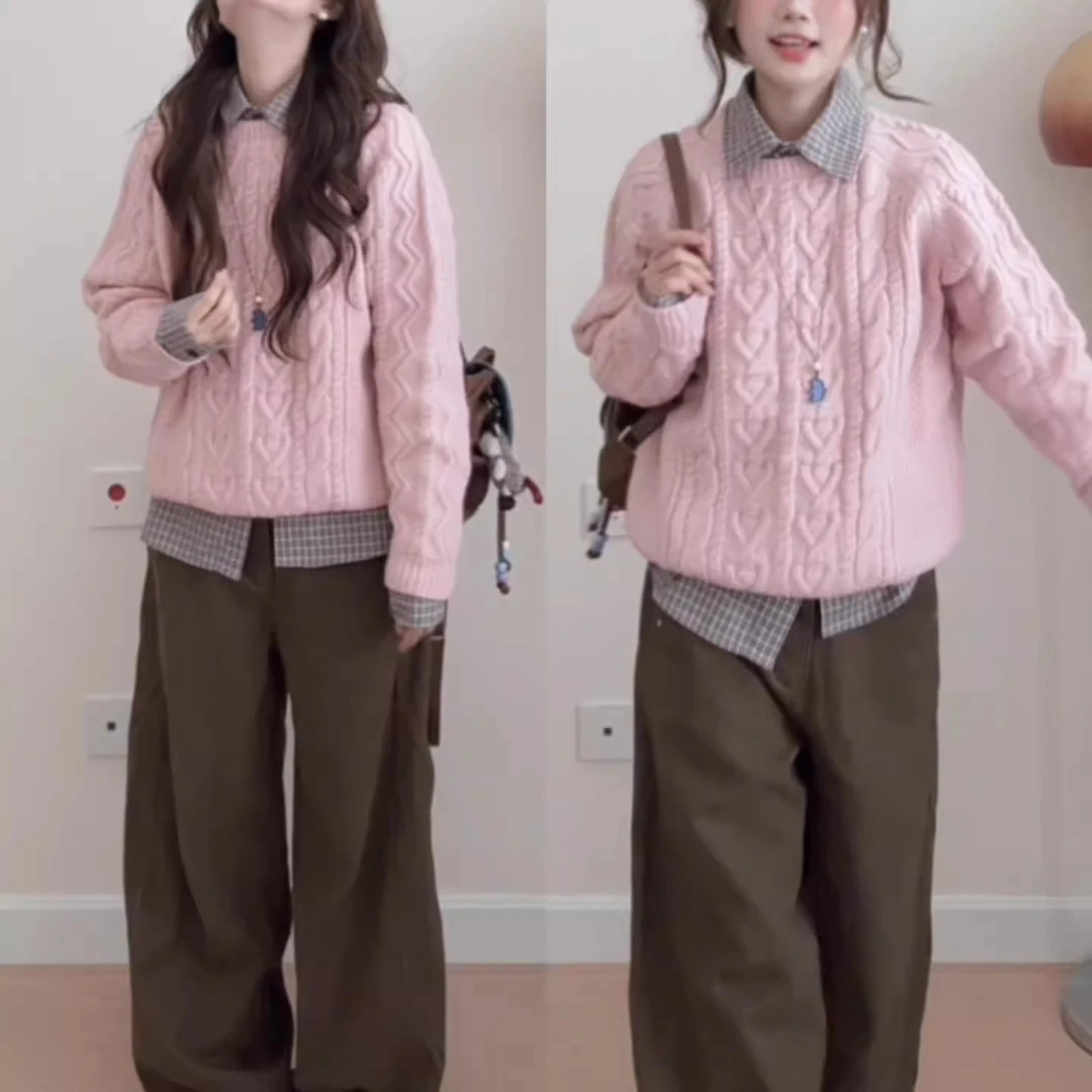 日系圆领宽松麻花针织衫毛衣女秋冬温柔软糯厚款套头内搭百搭上衣