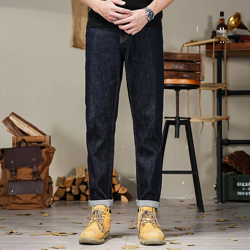 深蓝色牛仔裤男款丹宁修身直筒商务风2025年秋冬复古休闲水洗长裤