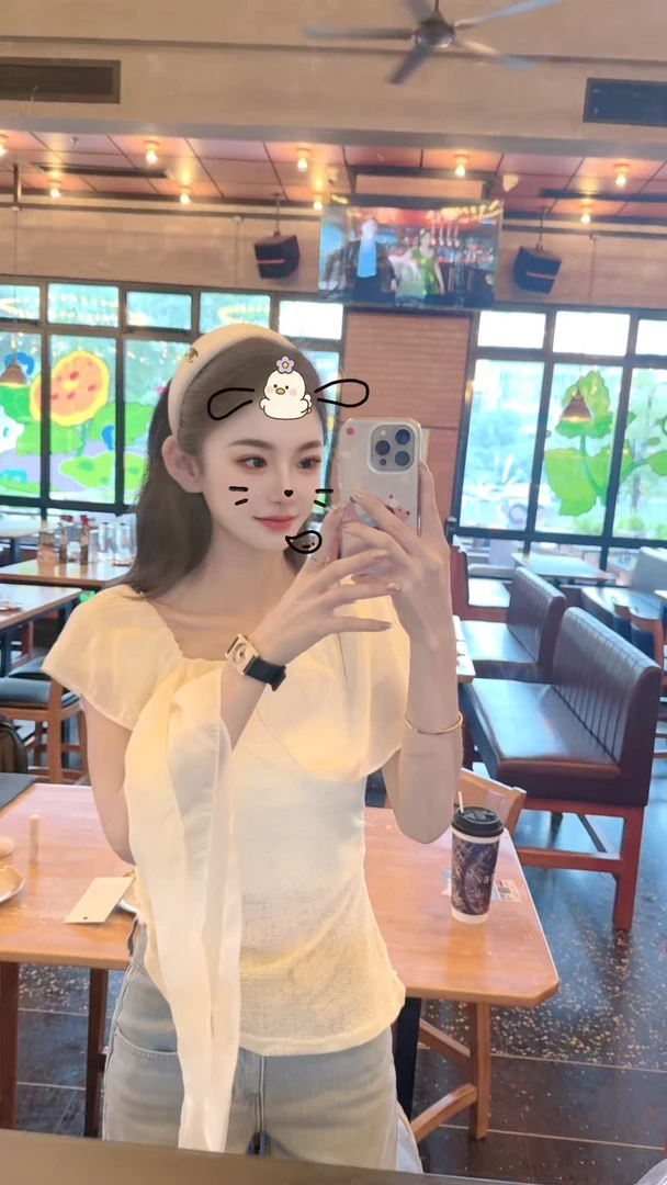 《顾你》2025蓉蓉家夏季新款法式荷叶边飘带甜美方领一字领衬衫