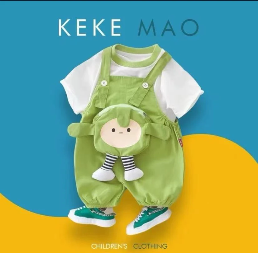 夏季韩版儿童洋气时髦立体蛋仔短袖背带裤卡通动漫套装