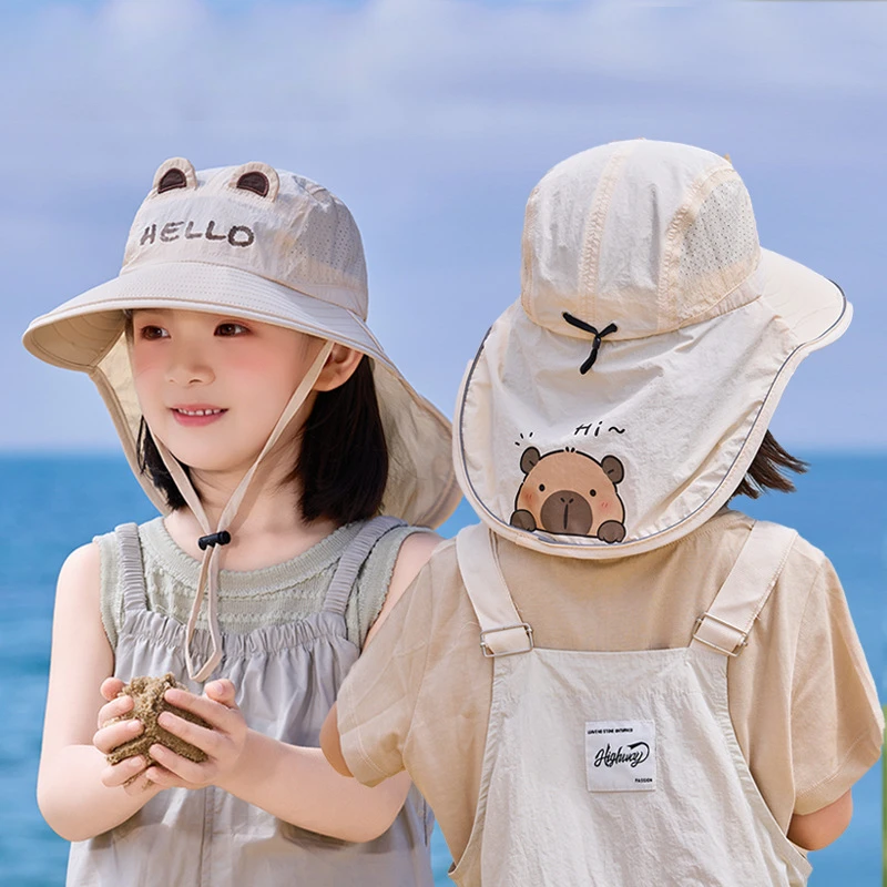 儿童夏季披肩帽男女童大檐网眼遮阳防晒渔夫帽宝宝透气沙滩太阳帽