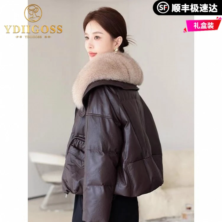 伊蒂格世真皮羽绒服皮衣女2025冬季新款狐狸毛翻领短款绵羊皮外套