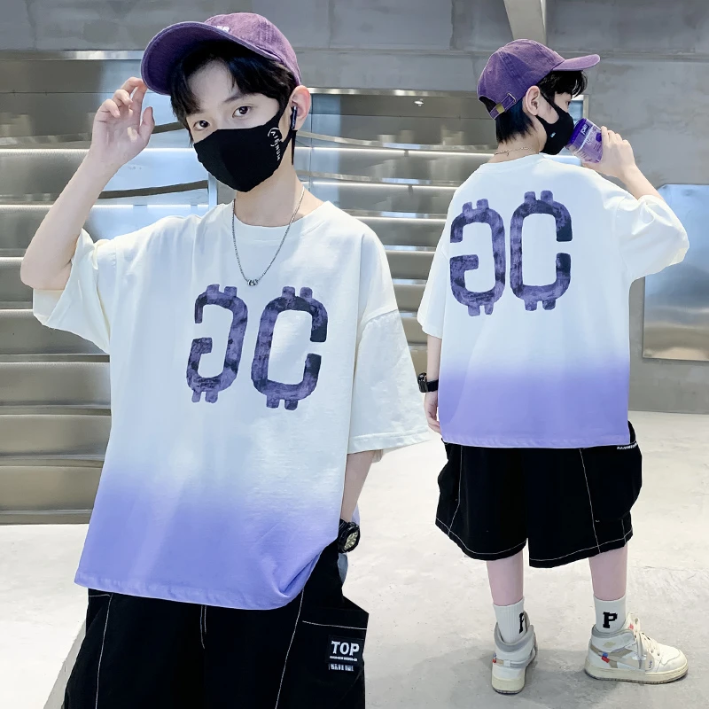 男童渐变t恤短袖夏季2025新款儿童夏装半袖衣服纯棉男孩上衣痞帅