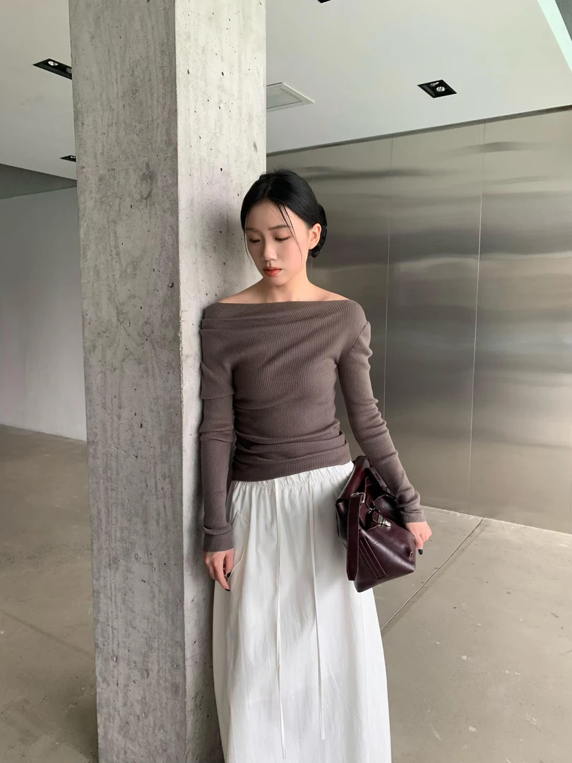 MMT 福（1mmt5m832#）软针织 一字肩百搭针织衫 4-14