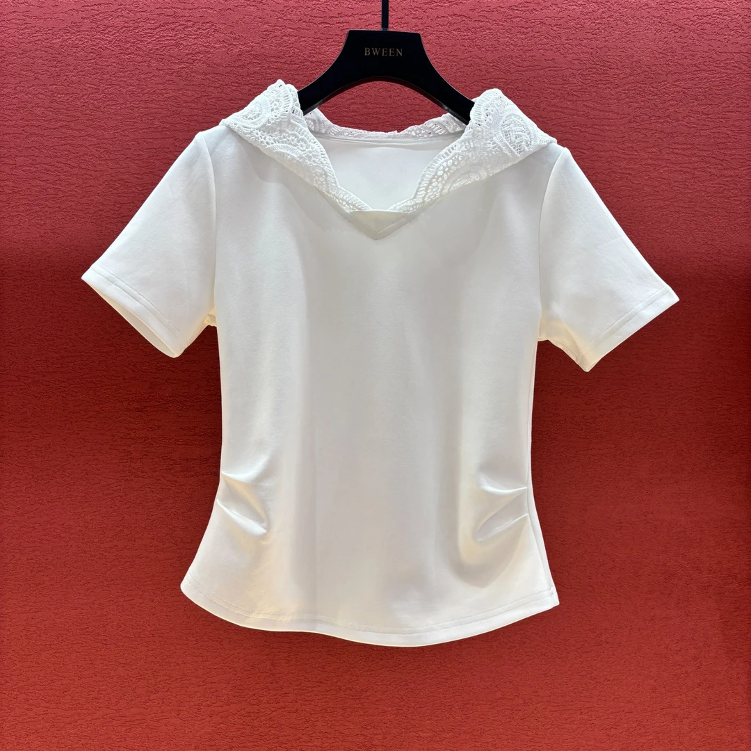【连帽T】24年夏季新款蕾丝连帽收腰女士气质百搭针织休闲短袖T恤
