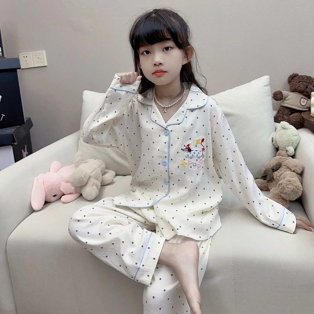 女童睡衣春秋季云朵棉长袖长裤套装小女孩可爱卡通波点儿童家居服