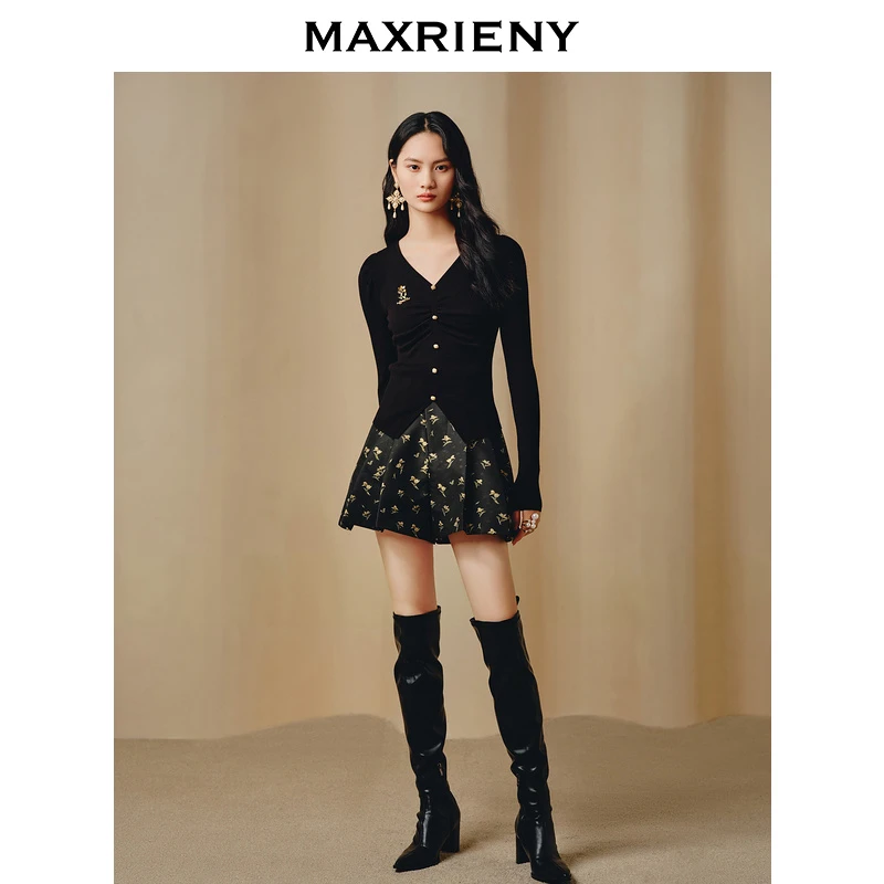 MAXRIENYMAXRIENY宫廷复古郁金花提花高腰百褶短裤裙裤