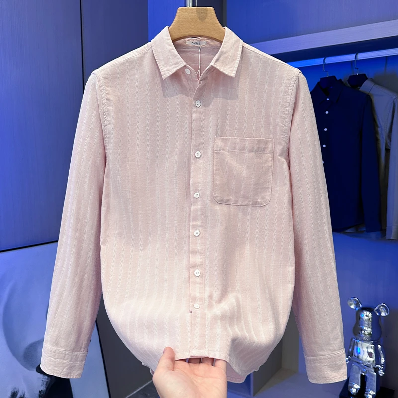 轻奢时尚清新粉色衬衫高端纯棉男装春季新款长袖个性条纹撞色衬衣