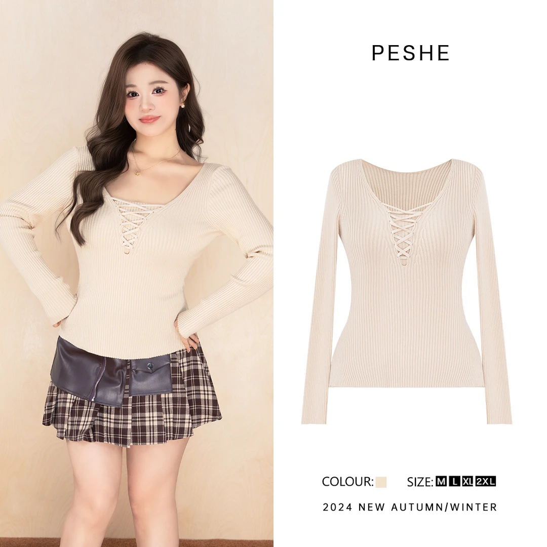 【闭店清仓】【坑条绑带针织衫】镂空性感镂空低胸v领辣妹DM1205