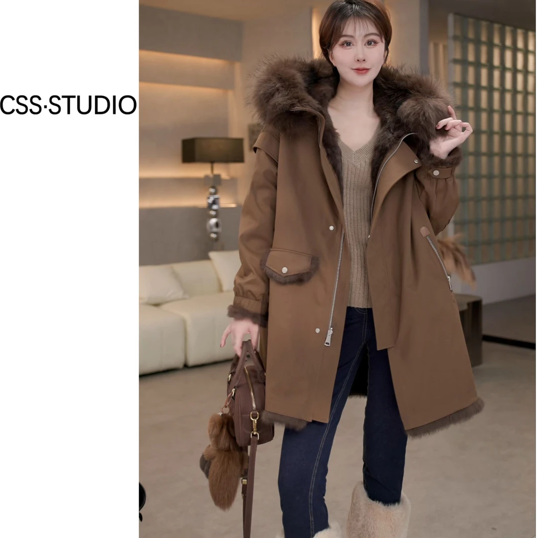 【ou.y思思】貉子毛休闲中长兔皮毛一体外套2025新款天然皮草保暖