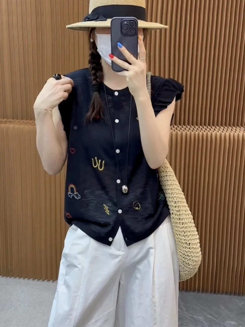 欧洲站欧货显瘦款女圆领休闲刺绣常规女夏季毛针织衫减龄宽松上衣