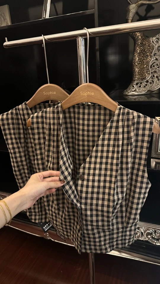 格子夏季常规款无袖法式成人衬衫格子衬衫方领拼接衬衣格纹（9110）