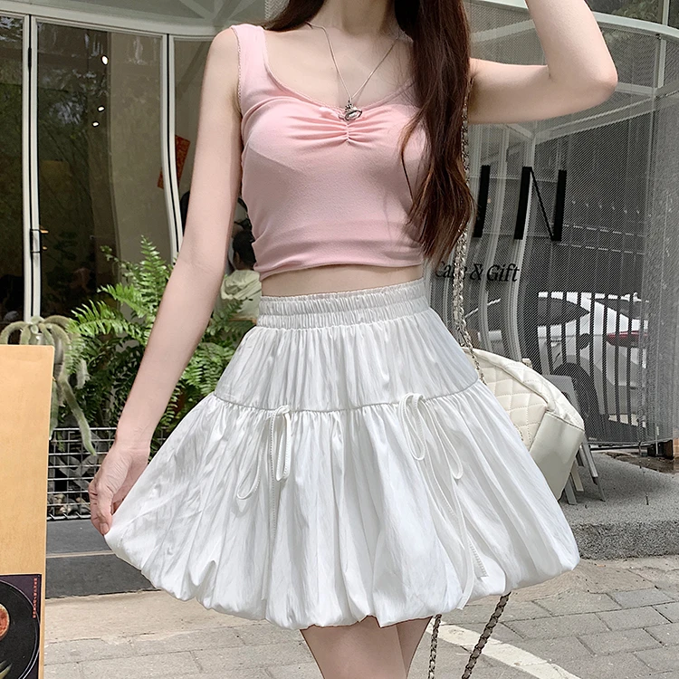 大码胖mm高腰遮肚子蓬蓬裙韩版百搭短裙蝴蝶结系带设计短裙女5651