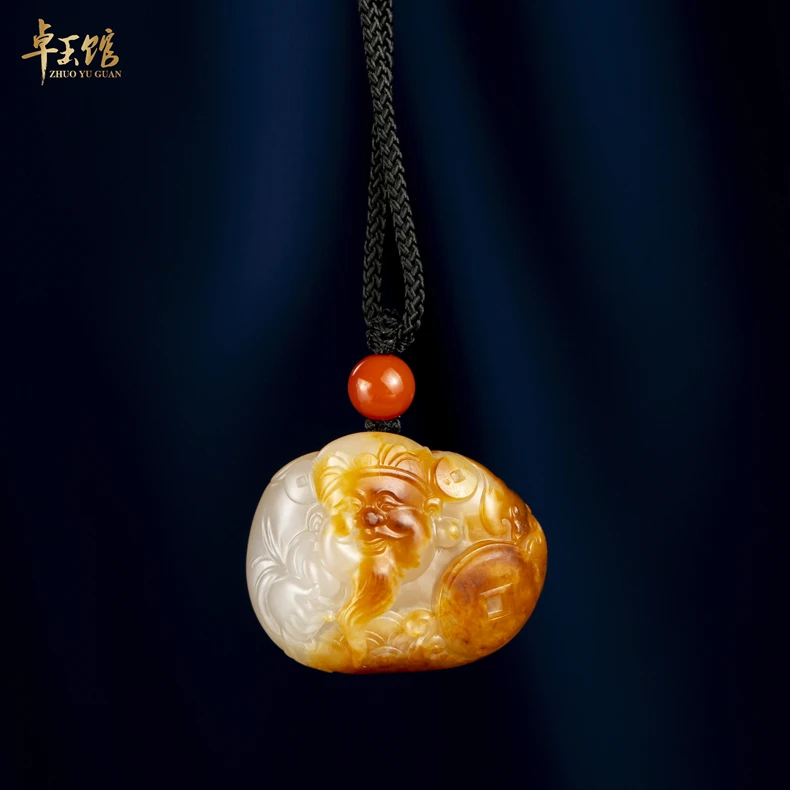 【卓玉馆】财帛星君 和田白玉黄皮吊坠挂件 苏工名家