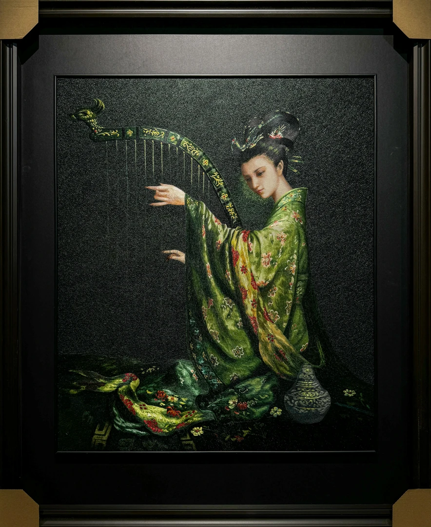 【抚琴仕女】纯手工刺绣苏绣精品飞天满绣茶室办公室画芯*
