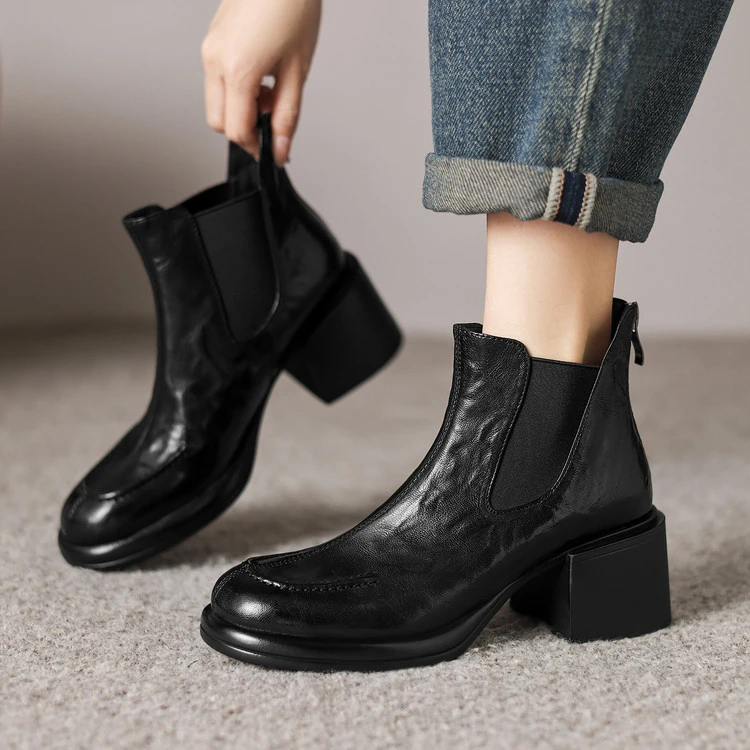 英伦风棕色高跟短靴女秋冬2025新款真皮女靴子马丁靴粗跟切尔西靴