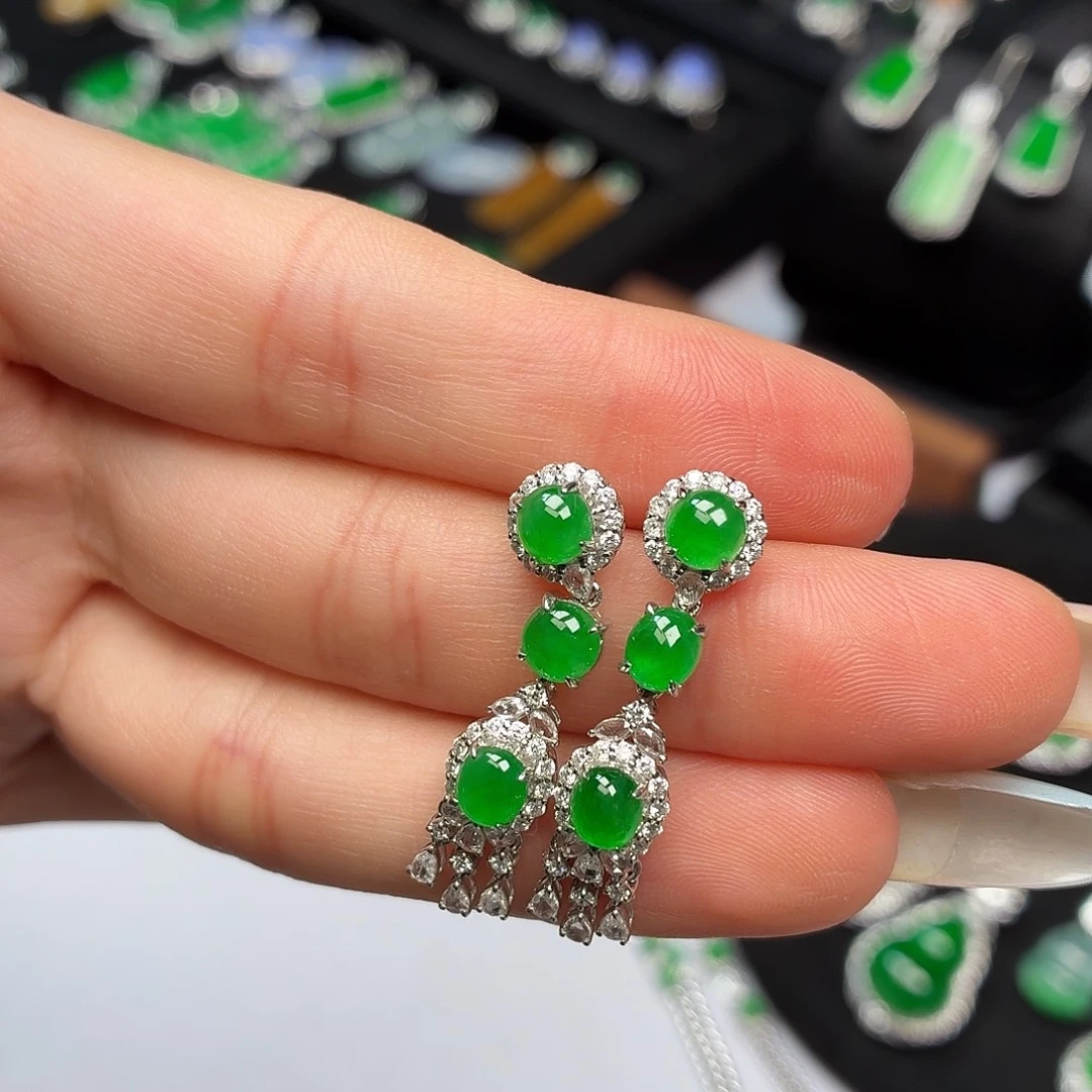 翡翠18K金镶嵌耳饰015起光阳绿