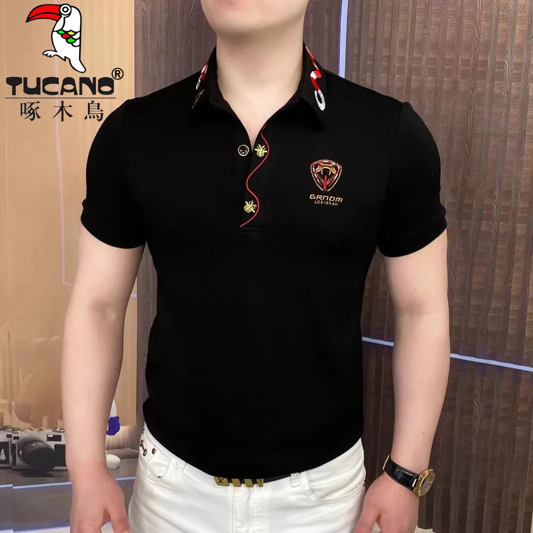 啄木鸟2025夏季红蛇缠绕Polo轻奢时尚休闲半袖潮流修身翻领商务男