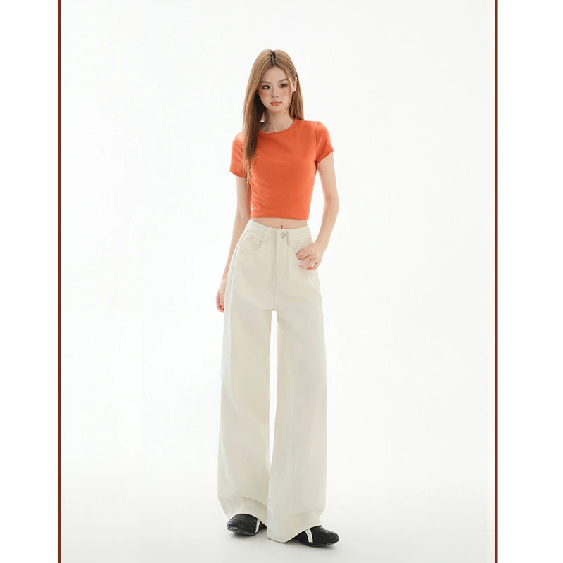 早秋新款#美式复古白色宽松阔腿新款镰刀裤百搭牛仔&长裤加长九分