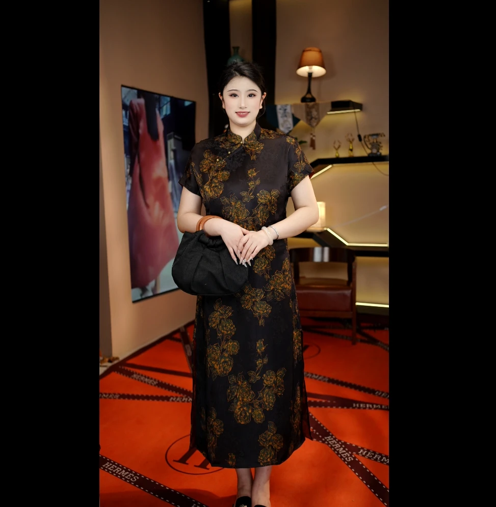 【黑金玫瑰】双面穿夏季气质减龄宽松显瘦旗袍领品质短袖长款连衣裙