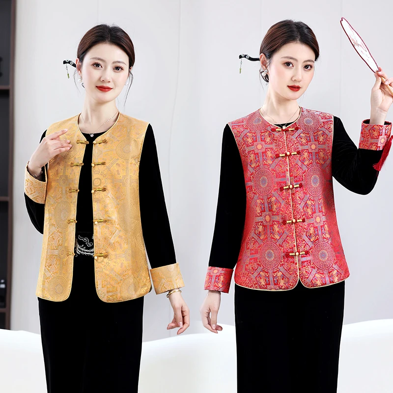 妈妈春装国风金丝绒两件套洋气马甲中老年女装春秋新中式衬衫套装