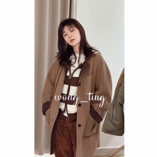 wong_ting小众设计师中长款双面羊绒双口袋圆领外套2586